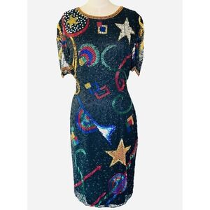 Vintage 80s Silk Beaded Sequin Stars and Moon Celestial Dress by Nadine Boutique